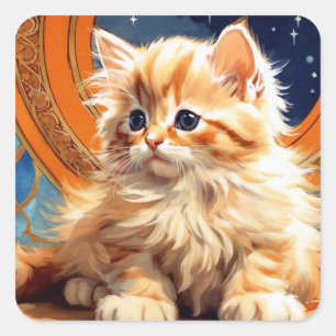Alphonse Mucha Art Nouveau Orange Katze Quadratischer Aufkleber