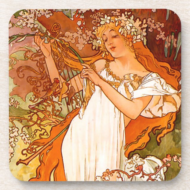 Alphonse Mucha Art Nouveau Spring Getränkeuntersetzer (Vorderseite)