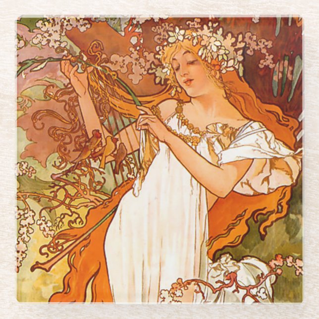 Alphonse Mucha Art Nouveau Spring Glasuntersetzer (Vorderseite)