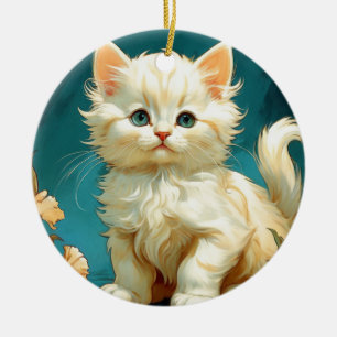 Alphonse Mucha Art Nouveau White Cat Keramik Ornament