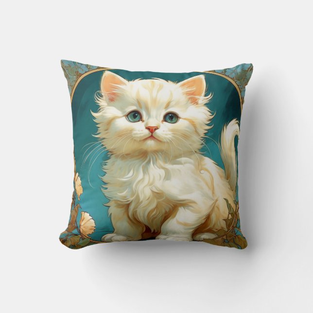 Alphonse Mucha Art Nouveau White Cat Kissen (Vorderseite)