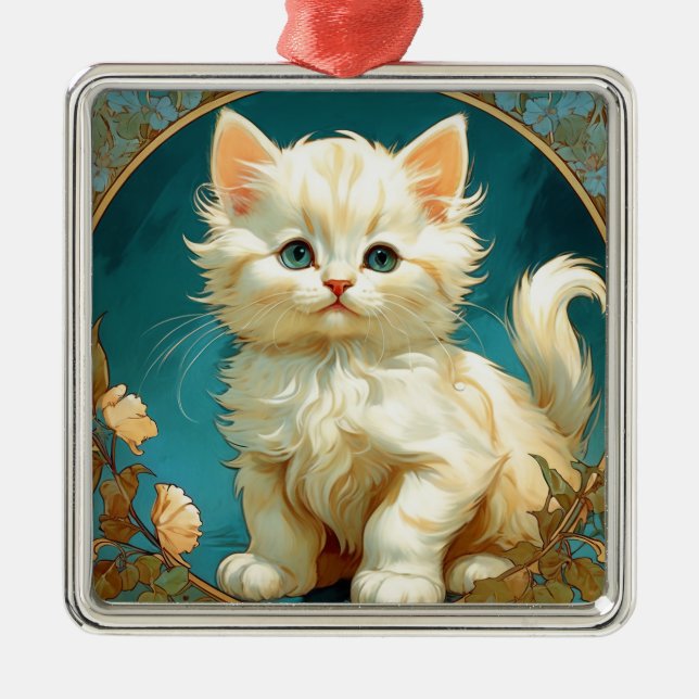 Alphonse Mucha Art Nouveau White Cat Ornament Aus Metall (Vorne)