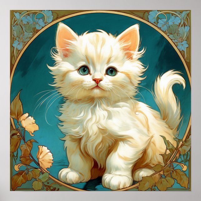 Alphonse Mucha Art Nouveau White Cat Poster (Vorne)