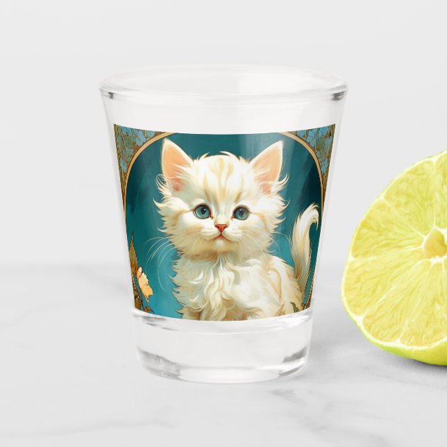 Alphonse Mucha Art Nouveau White Cat Schnapsglas (Vorderseite)