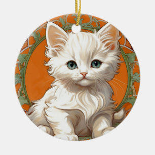 Alphonse Mucha Art Nouveau White Kitten Keramik Ornament