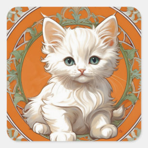 Alphonse Mucha Art Nouveau White Kitten Quadratischer Aufkleber