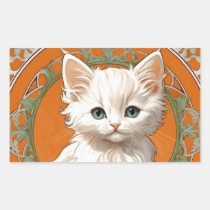 Alphonse Mucha Art Nouveau White Kitten Rechteckiger Aufkleber