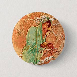 Alphonse Mucha Art Nouveau Winter Button