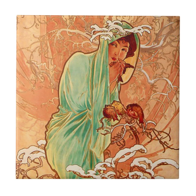 Alphonse Mucha Art Nouveau Winter Fliese (Vorderseite)
