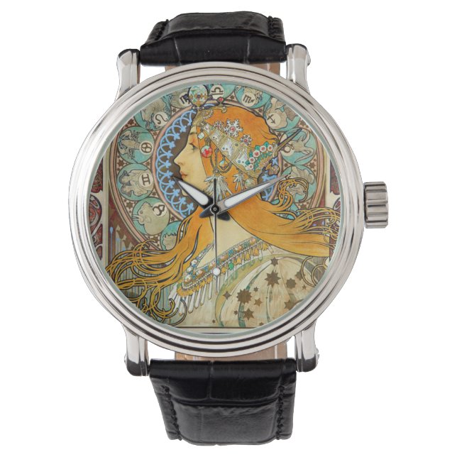 Alphonse Mucha Art Nouveau Zodiac Armbanduhr (Vorderseite)
