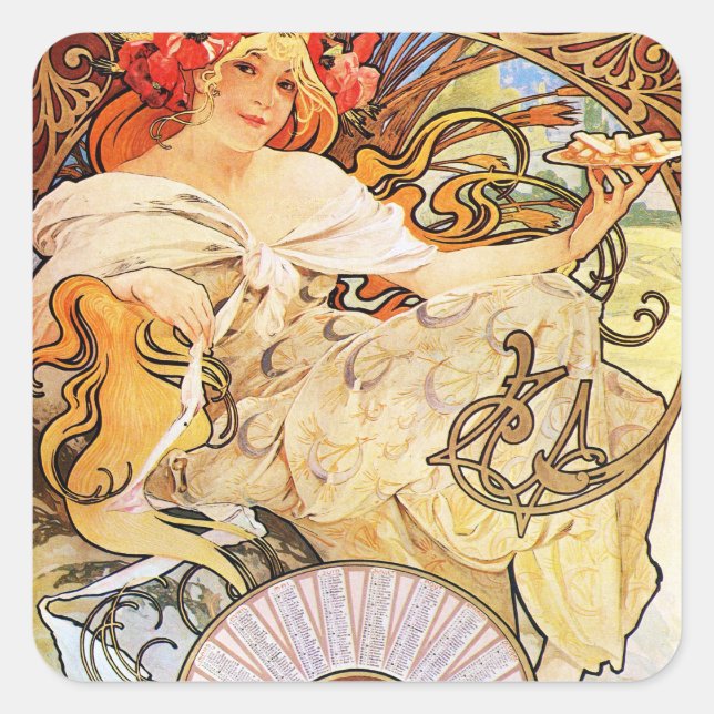 Alphonse Mucha Biscuits Lefevre-Utile Quadratischer Aufkleber (Vorderseite)