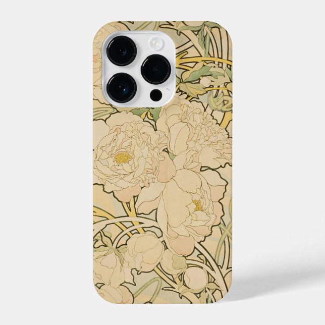 Alphonse Mucha Blumenmuster Art Nouveau iPhone 14 Pro Hülle (Rückseite)