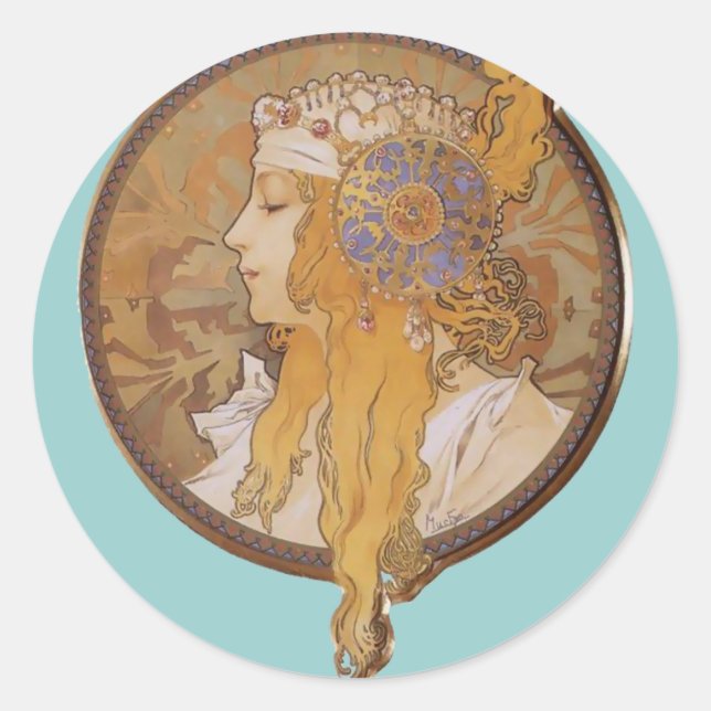 Alphonse Mucha ~ Byzantinischer Kopf: Die Blondine Runder Aufkleber (Vorderseite)