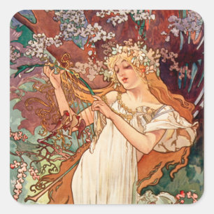 Alphonse Mucha, Die Jahreszeiten (1896) Frühling Quadratischer Aufkleber