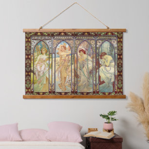 Alphonse Mucha - Die Zeiten des Tages Wandteppich Mit Holzrahmen