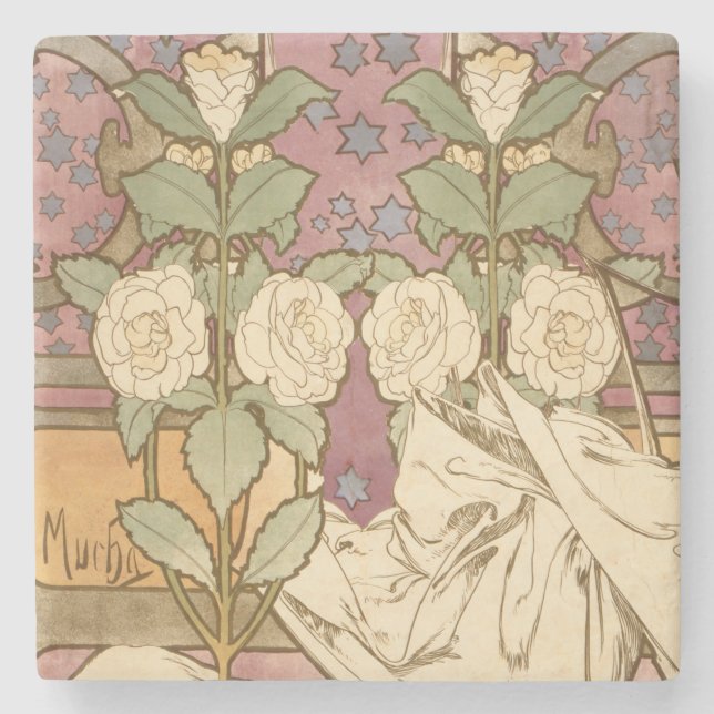 Alphonse Mucha Elegant Art Nouveau Stars Camellia  Steinuntersetzer (Vorderseite)