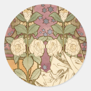 Alphonse Mucha Elegante Art Nouveau Sterne Kamelie Runder Aufkleber