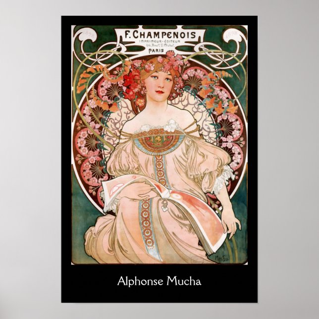 Alphonse Mucha F. Champenois auf schwarz Poster (Vorne)