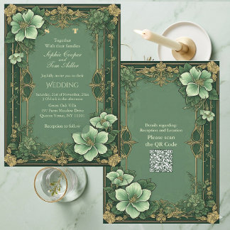 Alphonse Mucha Florals Opulenz Smaragdgrüne Hochze Einladung