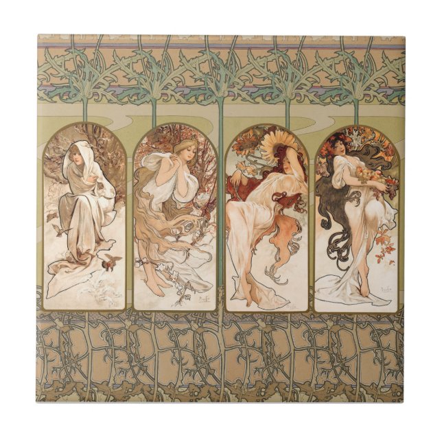 Alphonse Mucha Four Seasons 1897 Art Nouveau Panel Fliese (Vorderseite)