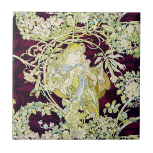 Alphonse Mucha Frau mit Gänseblümchen Art Nouveau  Fliese