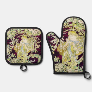 Alphonse Mucha Frau mit Gänseblümchen Art Nouveau  Ofenhandschuh & Topflappen-Set