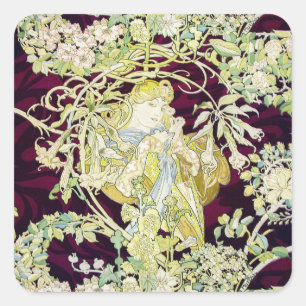 Alphonse Mucha Frau mit Gänseblümchen Art Nouveau Quadratischer Aufkleber