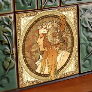 Alphonse Mucha Frauenporträt Art Nouveau Vintage Fliese