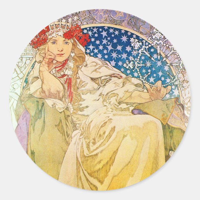 Alphonse Mucha Göttin Runder Aufkleber (Vorderseite)