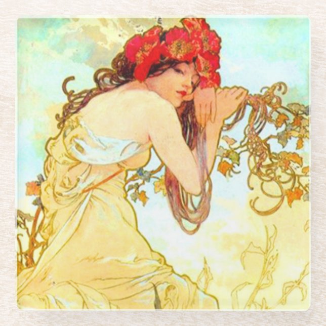 Alphonse Mucha Jugendstil Sommer Glasuntersetzer (Vorderseite)