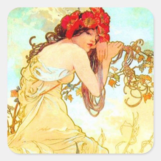 Alphonse Mucha Jugendstil Sommer Quadratischer Aufkleber (Vorderseite)