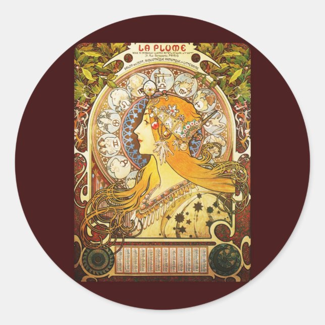 Alphonse Mucha La Plume Runder Aufkleber (Vorderseite)