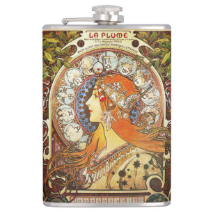 Alphonse Mucha La Plume Zodiac Art Nouveau Vintag Flachmann