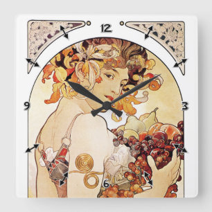 Alphonse Mucha Lady mit Obst Quadratische Wanduhr