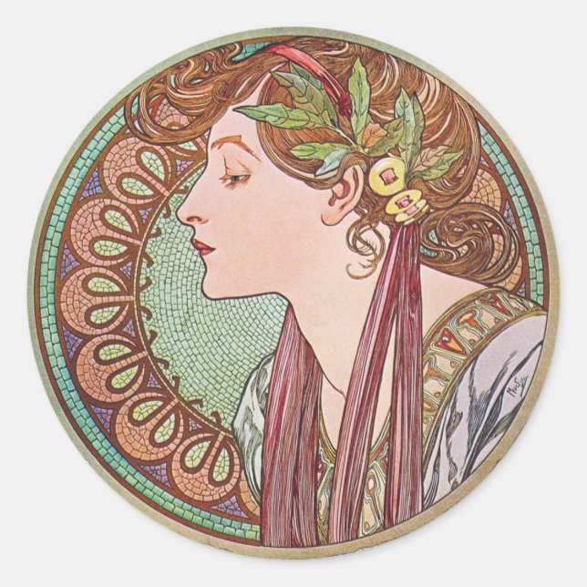 Alphonse Mucha Laurel Art Nouveau Stickers (Vorderseite)