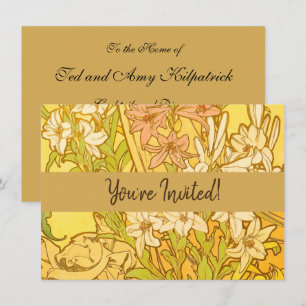 Alphonse Mucha-Lilien-Blumenmuster: Art Nouveau Einladung