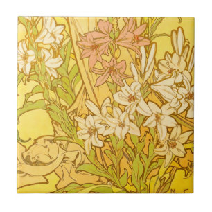 Alphonse Mucha Lilien-Blumenmuster: Art Nouveau Fliese