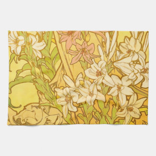 Alphonse Mucha-Lilien-Blumenmuster: Art Nouveau Geschirrtuch