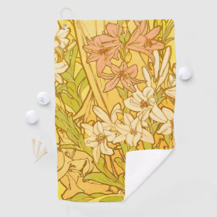 Alphonse Mucha-Lilien-Blumenmuster: Art Nouveau Golfhandtuch