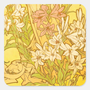 Alphonse Mucha-Lilien-Blumenmuster: Art Nouveau  Quadratischer Aufkleber