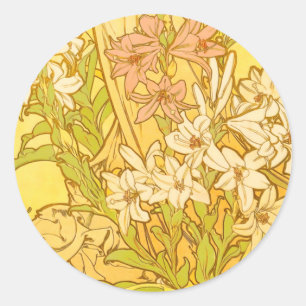 Alphonse Mucha Lily Blumenmuster: Art Nouveau Runder Aufkleber