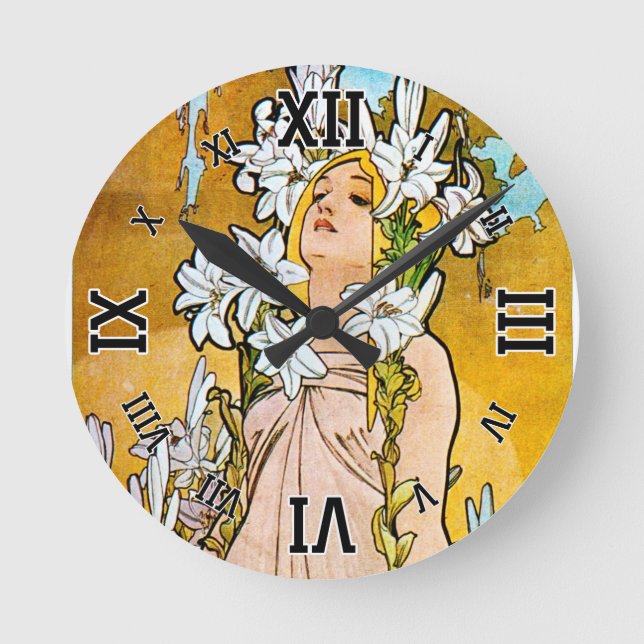 Alphonse Mucha - Lily - weiße Grenze Runde Wanduhr (Vorderseite)