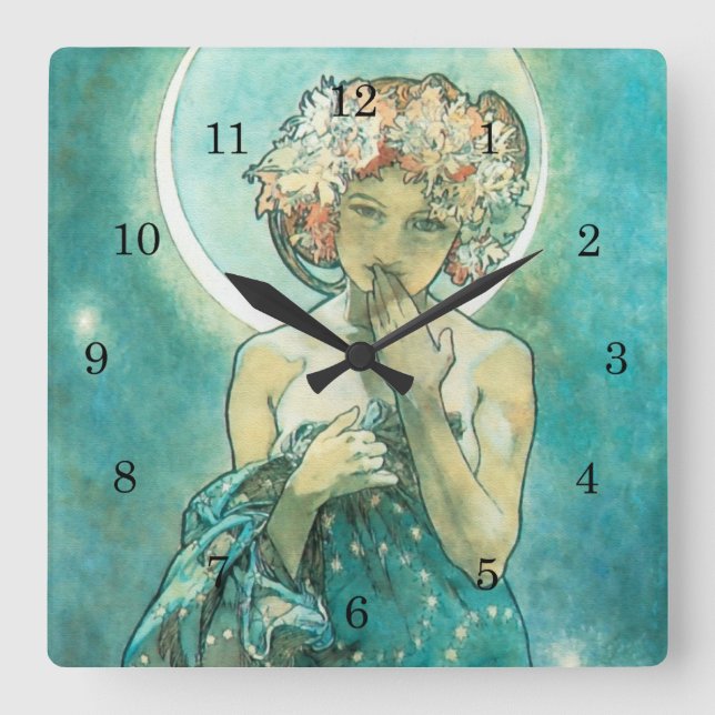 Alphonse Mucha Moonlight Clair De Lune Art Nouveau Quadratische Wanduhr (Vorderseite)