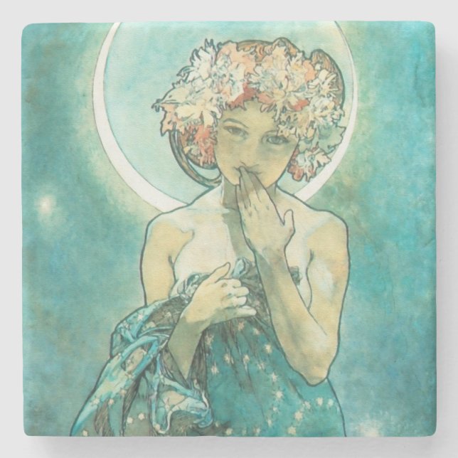 Alphonse Mucha Moonlight Clair De Lune Art Nouveau Steinuntersetzer (Vorderseite)