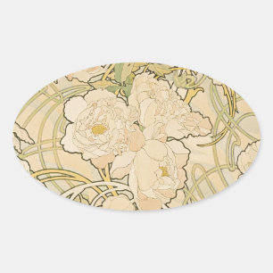 Alphonse Mucha Peonies Peony Rose Fawn 1897 Ovaler Aufkleber
