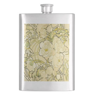 Alphonse Mucha Pfingstrosen Art Nouveau Blumenmust Flachmann