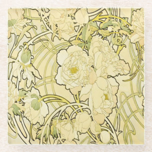 Alphonse Mucha Pfingstrosen Art Nouveau Blumenmust Glasuntersetzer