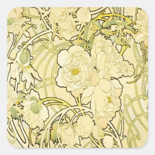 Alphonse Mucha Pfingstrosen Art Nouveau Blumenmust Quadratischer Aufkleber