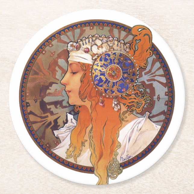 Alphonse Mucha Runder Pappuntersetzer (Vorderseite)