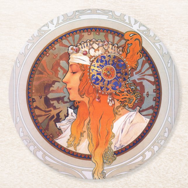 Alphonse Mucha Runder Pappuntersetzer (Vorderseite)